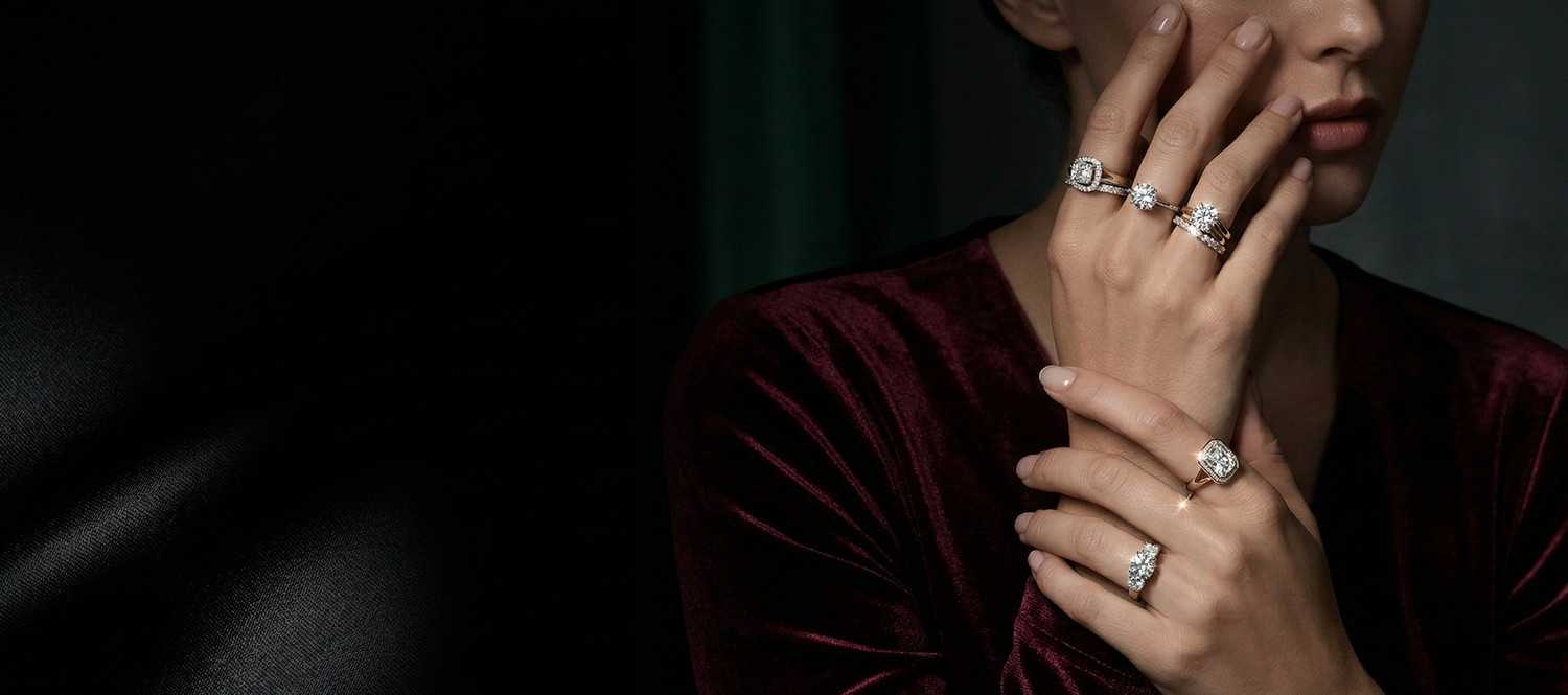 Person wearing multiple rings on dark background