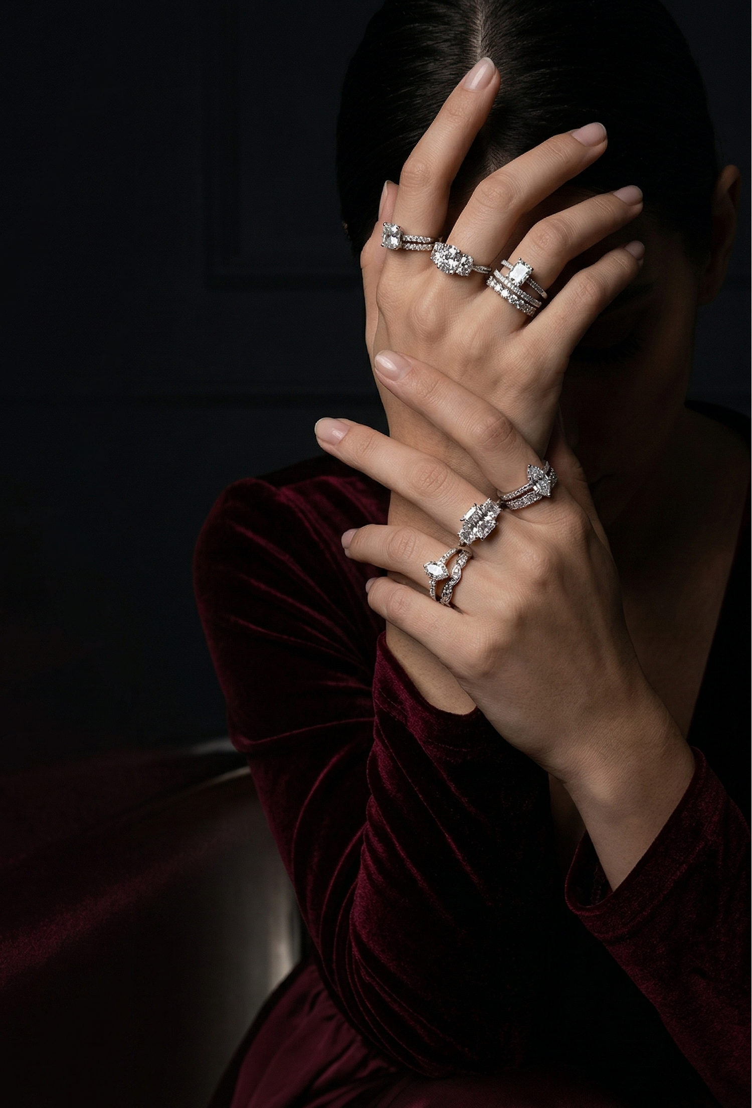 Person wearing multiple rings on a dark background